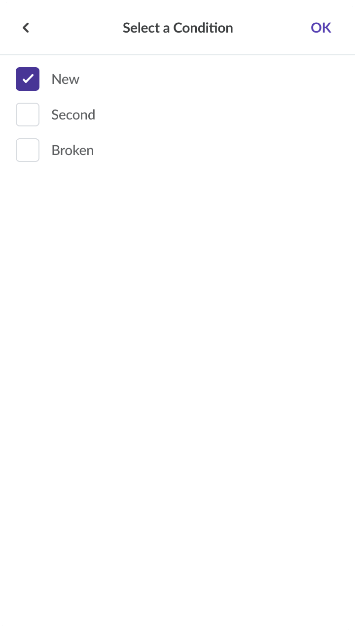 Mobile application interface showing the custom picker flow for listing condition classification