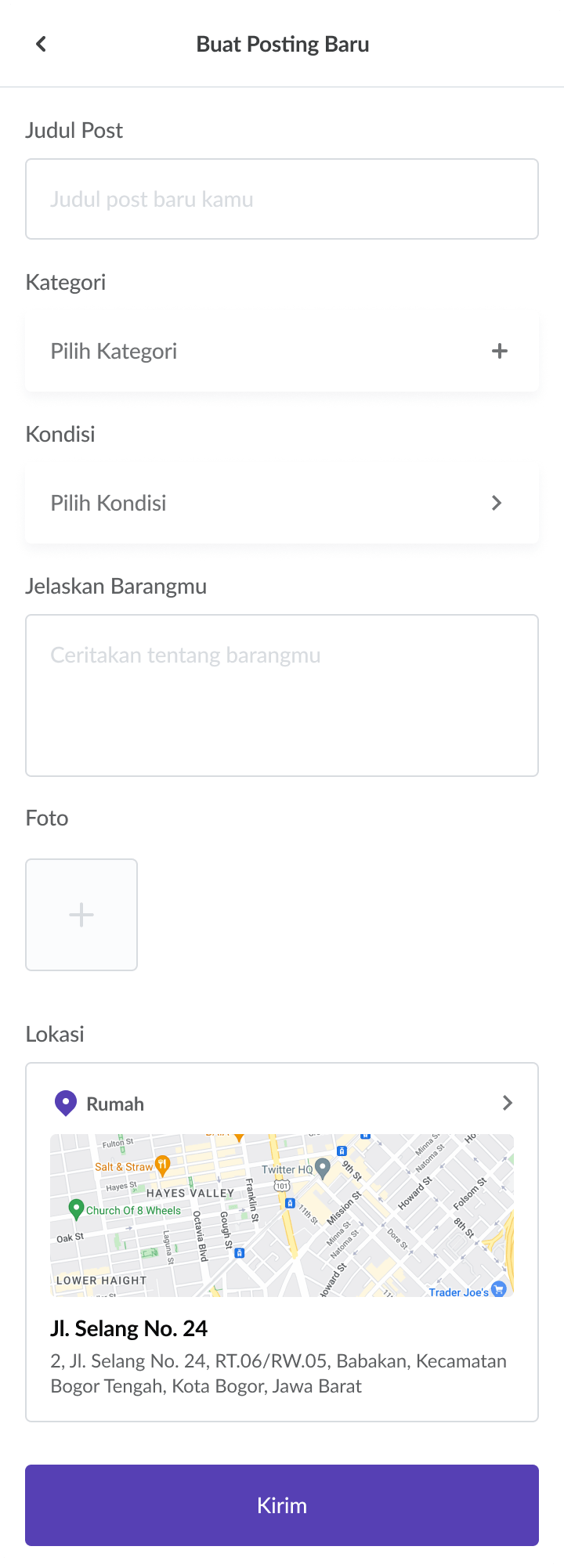 BagiBagi Flutter layout for uploading donation listings with titles and images