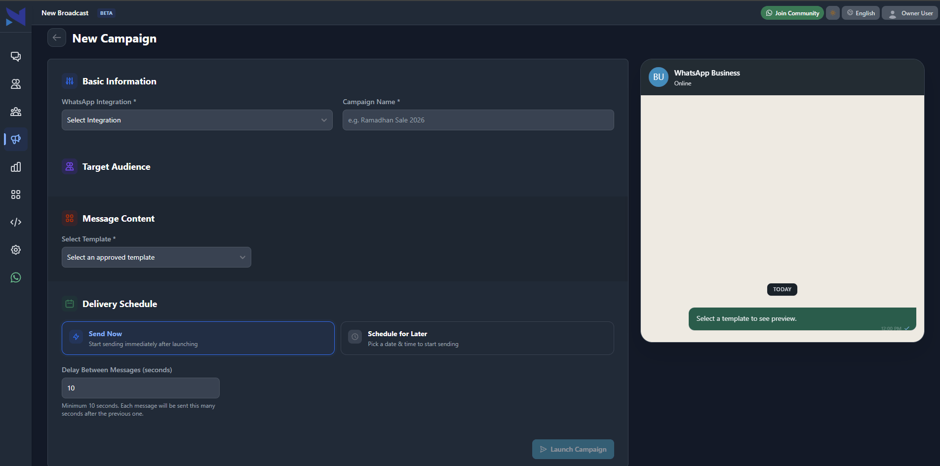 Web dashboard campaign management interface for broadcast messages config