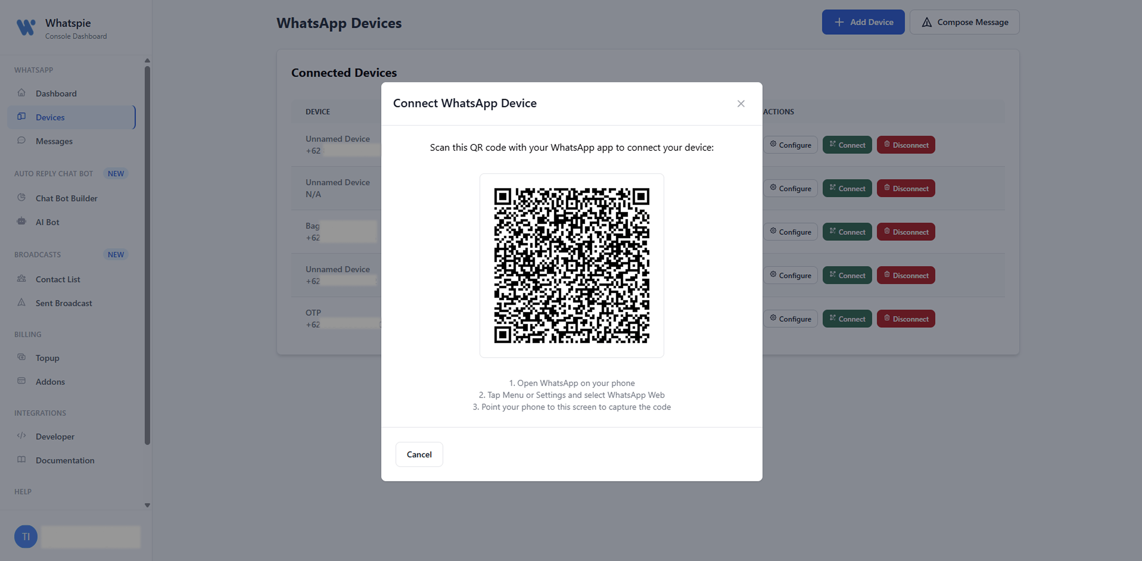 Vue-based merchant pairing component showing dynamic WhatsApp QR code generation